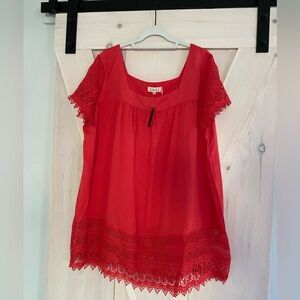 COC Orange Lace Trim Women's Loose Top Square Neck Festival Vacation